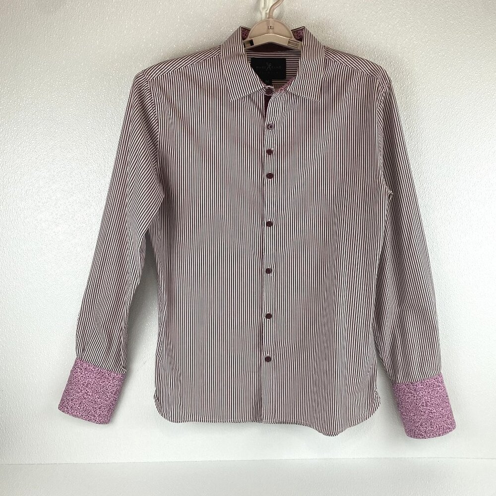 Marc Ecko Mens Med Striped Flip Cuff Paisley Maroon & White Button Up Shirt